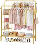 JOISCOPE 47'' * 65'' Clothing rack Heavy Duty with Double Rods, Garment Rack for Hanging Clothes with 4 Layer Storage Shelf & Hooks for Clothing Storage, Metal Clothes Rack Freestanding Hanger, Gold