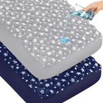 Crib Mattress Protector Waterproof 2 Pack, Quilted Crib Mattress Pad Cover 52'' x 28'' Extra Soft Breathable Toddler Bed Cover Fitted Crib/Toddler Mattress Stretch Up to 8", Grey & Navy Star