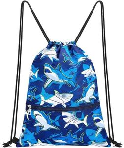 WAWSAM Shark Drawstring Backpack for Kids - Gym DrawString Bag for kids Swim Bag Boys Sports Draw String Bag Waterproof Beach Sport Gym String Bags with Zipper Pocket Cinch Backpack for Boys