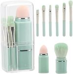 8 in 1 Multifunctional Cosmetic Brushes with Clear Case for Travel, Retractable Loose Powder Brush, Foundation Brush, Angled Brush, Eyeshadow Brush, Blending Brush, Lip Brush - Light Cyan