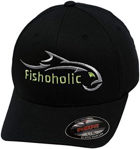 Fishoholic Flexfit Baseball Fishing Hat – Embroidered Logo, Semi-Fitted, S/M & L/XL Sizes – Fishing Enthusiast Gift Black