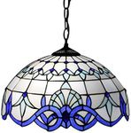 Mediterranean Tiffany Style Stained Glass Hanging Pendant Lamp Blue White Baroque Style Chandelier Lighting for Dining Room Kitchen Island,40cm