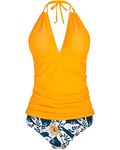 Yonique Womens Two Piece Swimsuits Tummy Control Tankini Plus Size Bathing Suit Halter V Neck Swimwear, Yellow/Navy/White, XX-Large