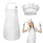 Children's Aprons with Pockets, Adjustable Toddler Cooking Apron for Boys Girls Kitchen Apron Painting Apron, Kids Artist Aprons for Crafts Painting Baking Cooking (1 Pack White set+hat)