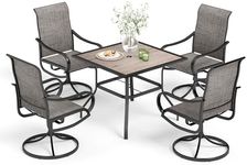 MFSTUDIO 5 Pieces Outdoor Patio Dining Set, 4 Sling Dining Swivel Chairs and 37" Square Metal Table with Wood-Like Top Furniture Sets for Lawn Backyard Garden