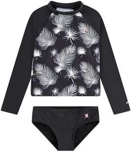 Hurley Girls Long Sleeve Rash Guard 2-Piece Swimsuit, Black/Sail, 7