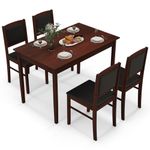 Tangkula Dining Table Set for 4, Solid Wood, Farmhouse Dinette Set w/Rubber Wood Legs, Upholstered Seat & Padded Backrest, Modern Dining Table and Chairs Set for Kitchen, Dining Room (Reddish Brown)