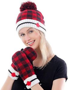 Belle Dame Maple Leaf Canadian Themed Winter Beanie Hat Mittens Gloves Set Warm Knit with Fleece Lined (HT497/GL497)