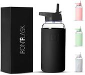 IRON °FLASK Glass Sports Water Bottle - Straw Lid, Airtight Leak Proof, Vacuum Insulated, Bosilicate Glass, Silicone Sleeve, Retains Temperature