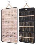 bagsmart Dual-sided Jewellry Organizer Hanging with Metal Hooks,40 Pockets and 3 Wave-Shaped Hooks,Jewelry Roll for Earrings,Necklaces,Rings on Closet,Wall,Door,1 Piece,Extra-Large,Black