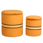 Joveco Round Velvet Storage Ottoman Set of 2 - Upholstered Nesting Footrest Side Table Seat with Woven Band for Living Room Bedroom, Orange