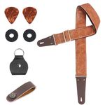 Lvkjafaz Adjustable Guitar Strap Includes 2 Strap Locks & 2 Matching Picks & 1 Picks Holder & 1 leather Strap Button.Leather ends Guitar Shoulder Strap(1-Carved Light Brown)