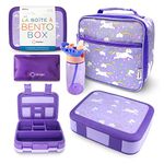 Bento Box with Insulated Lunch Bag, Ice Pack & Water Bottle Set for Kids - 5 Compartments, Lunches or Snack Container Girls, Toddlers Daycare Pre-School, Kindergarten Purple Unicorn