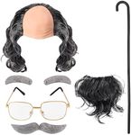 Keymall Old Man Wig and Mustache Set Grandpa Costume Accessories Kit with Grey Wig Fake Beard Eyebrows Cane Glasses for Men Adults Teens (Bald Wig Set)