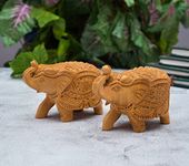 Kaka jiji Handicraft Handmade White Wood Carvein Design 3 inches Up-Trunk Elephant Statue/Toy for Home Decor II Brown Color Pack of 2 for Gift & Good Luck II