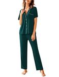 Avidlove Women Pajamas Set Notch Collar Soft Sleepwear Pjs Short Sleeve Button Down Nightwear with Long Pants Dark Green