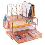 Desktop Desktop File Organizer, All in One Desk Organizer with Pen Holder File Tray Sorters Drawer, Stylish Desk Accessories & Workspace Organizers for Home Office School Supplies (Rose Gold)