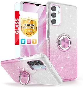 TJS Compatible for Samsung Galaxy A13 5G Case, Galaxy A04S Case, with Tempered Glass Screen Protector, Metal Ring Magnetic Support Kickstand Tone Shinny Glitter Girls Women Phone Case (Pink)