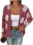 SHENHE Women's Floral Print Button Down Cardigan V Neck Drop Shoulder Knit Outerwear Rusty Red Medium