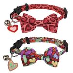 ADOGGYGO Valentine's Day Cat Collar Breakaway with Bow Tie Bell - 2 Pack Valentine Kitten Collar with Removable Bowtie Heart Pattern Pet Valentine Collar for Cat Kitten (Valentine's Day)