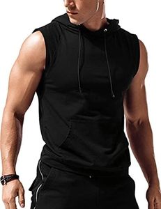 Amussiar Men's Workout Hooded Tank Tops Sleeveless Gym Training Hoodies Bodybuilding Muscle Cut Off T Shirt, Black, Medium