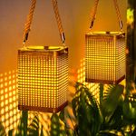 KOOPER Solar Lights Outdoor Garden Lantern, 2 Pack Metal Hanging Solar Garden Lights with 2 Lighting Modes and Hemp Rope, Waterproof Garden Ornaments Lantern Lights Solar Powered for Yard Patio Lawn