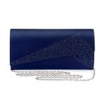 Mulian LilY M092 Women Satin Rhinestones Evening Bags Prom Bridal Clutch Purse Cross Body With Detachable Chain Strap Navy