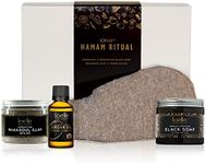 Loelle Hammam Ritual Gift Box - Including Argan Oil 30 ml, Moroccan Black Soap 200g, 220g & Linen Exfoliating Mitt, Birthday Gift for Her and Him, Skin Cleansing and Purifying Beauty Set, White