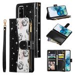 UEEBAI Wallet Case for Samsung Galaxy S20 FE 5G, Glitter PU Leather Magnetic Handbag Zipper Pocket Case Kickstand Card Holder Slots Wrist Strap TPU Shockproof Flip Cover - Bling Black