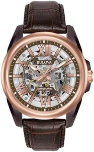 Bulova Men's Mechanical Hand Wind Stainless Steel and Leather Dress Watch, Color:Brown (Model: 98A165)