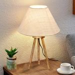 Homesake Wood Tripod Small Table Lamps, Rustic Antique Dimmable Bedside Lamp with Linen Beige Lampshade, Nightstand Lamp for Nursery, Bedroom, Kid Room, Living Room, (White Khadi)