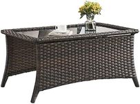 HUMMUH Outdoor Coffee Table Patio Rattan Patio Side Table Built-in Black Glass Top PE Wicker Rectangle Sofa Table Dark Brown