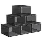 SONGMICS Shoe Boxes, Pack of 6, Organizers with Door, Plastic Shoe Storage, Stackable, Easy Assembly, 27 x 34.5 x 19 cm, Up to UK 10, Black LSP032B06