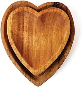 Joyfulmuze – Handcrafted Acacia Wood Serving Plates, Heart Shape Wooden Bowls, Decoration for Kitchen or Coffee Table, Dinner Plates & Appetizer Kitchen Dessert, Heart Prop (Set of 2)