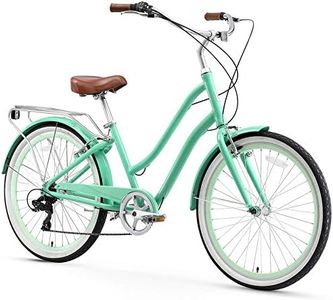 sixthreezero EVRYjourney Women's Hybrid Cruiser Bike, 7-Speed Step-Through Hybrid Bicycle, 26 Inch Wheels, Mint Green with Brown Seat and Grips