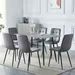 HomJoy Dining Table and Chairs Set 6 Rectangular 120cm Marble Effect Dining Table Upholstered Velvet Chairs Set of 6 for Kitchen Apartment (Light Grey, Grey Table and Set 6)