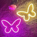 Butterfly Neon Signs 2Pieces,LED Neon Light for Wall Office Dorm Wedding Birthday Party Room Wall Decor,Butterfly Decorations Light for Teen Girls,USB or 3-AA Battery Powered(Warm White+Pink)