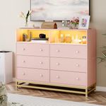 GarveeHome 6 Drawer Double Dresser TV Stand, Bedroom Dresser with Power Outlet & LED Light, Wood Dresser for Room, Hallway, Pink