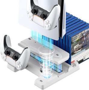 PS5 Slim Stand and Cooling Station, PS5 Slim Stand with Controller Charger for 2020 PS5 or 2023 PS5 Slim, Compatible with PS5 Disc or Digital Version, 3 Levels Cooling Fans, 11 Game Slots - White
