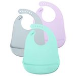 PandaEar (3 Pack) Cute Super Thin Light Weight Silicone Baby Bibs for Babies & Toddlers (10-72 Months) Waterproof, Soft, Unisex (Blue/Purple/Grey)