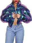 Flygo Women's Shiny Cropped Puffer Jacket Quilted Winter Zip Up Bubble Puffy Coat(Purple-L)