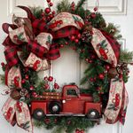 URMAGIC Christmas Red Truck Wreath for Front Door,16 Inch Christmas Door Wreath with Red Berries,Pine Cone and Bow Knots,Xmas Fireplace Wreath,Xmas Hanging Ornaments,Christmas Garland