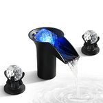 SKOWLL Widespread Bathroom Sink Faucet 3 Hole Waterfall Faucet LED Vanity Lavatory Faucet with 2 Knob Handle, Matte Black