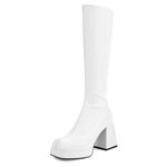 SOVANYOU Black Leather Boots Platform Boots for Women Square Toe Chunky Block Heeled Boots, Matte White, 7