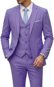 YND Men's Slim Fit 2 Button 3 Piece Suit Set, Blazer Jacket Vest Pants and Tie, Solid Wedding Dress Tux and Trousers Purple