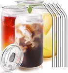 KELVEE Drinking Glasses with Lids and Glass Straw 1pcs Set - 400ml Can Shaped Glass Cups, Beer Glasses, Iced Coffee Glasses, Cute Tumbler Cup, Ideal for Cocktail, Whiskey, Gift, Tea (1)