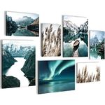 Novart Canvas Wall Art - 7 piece Rustic Nature Panoramic Mountain Lake Collage Picture, Blue Wall Decor for Living Room, Bedroom, Home Office, Hallway and Stairs