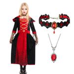 Raveparty Vampire Costume Girls, Vampire Costume for Girls Vampire Halloween Costume Vampire Dress Ruby Necklace for Halloween Horror Party (Red, S)