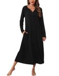 Marvmys Women Cotton Long Nightgowns Maxi Sleep Dress Plus Size Winter Nightshirt V Neck Sleep Gowns Black