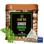 BLUE TEA - Ginger Moringa Tea Bags - 18 Tea Bags || Diwali Gifts || HEALTHY SUPERFOOD || Blend Of Indian Ginger And Fresh Moringa | Caffeine Free Herbal Tea, Eco-Conscious Tin Pack